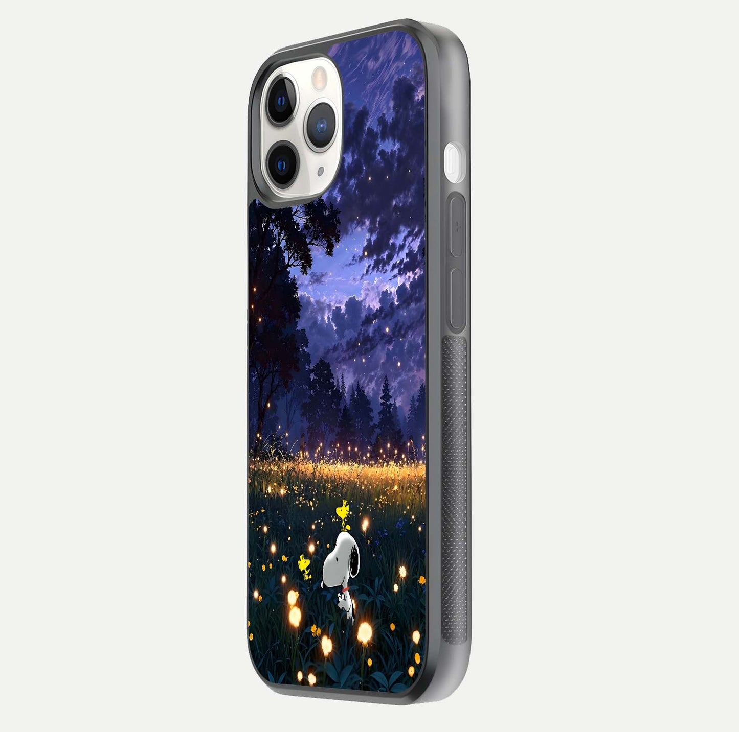 Firefly Meadow Magic Glass Case for iPhone 11 Pro side-angle image capturing glow reflection and fine texture