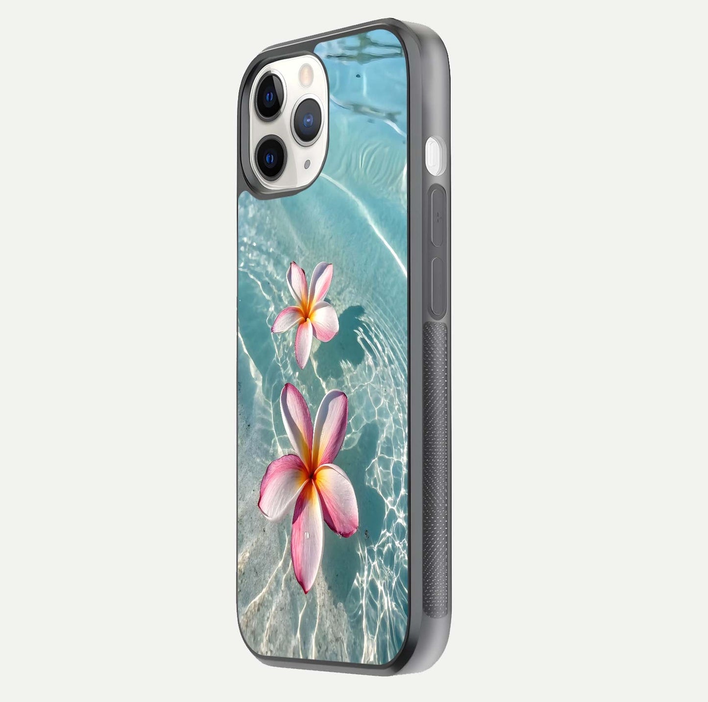 Floating Bloom Bliss Glass Case for iPhone 11 Pro side-angle photo showing smooth reflection and elegant curve