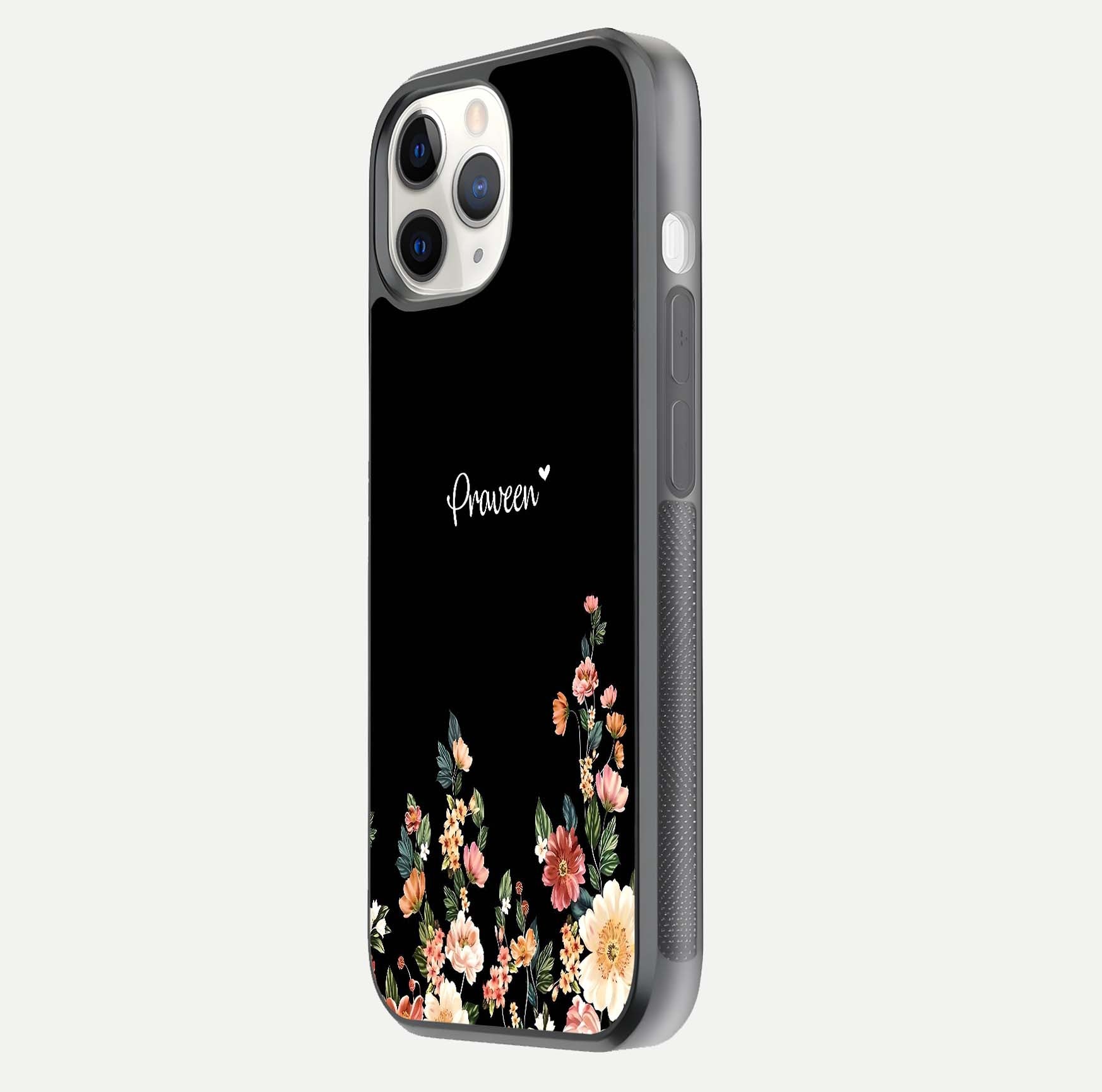 Floral Design Personalized Custom Name Glass Case for iPhone 11 Pro side-angle image showing name alignment and gloss shine
