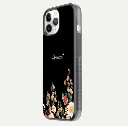 Floral Design Personalized Custom Name Glass Case for iPhone 11 Pro side-angle image showing name alignment and gloss shine