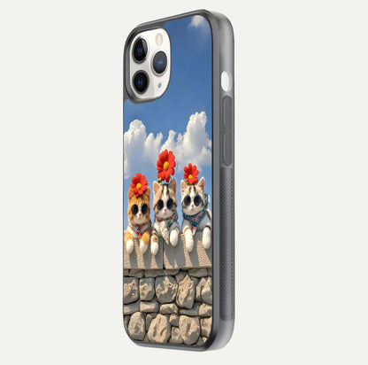 Floral Kitty Squad Glass Case for iPhone 11 Pro side-angle photo showing reflection glow and polished surface