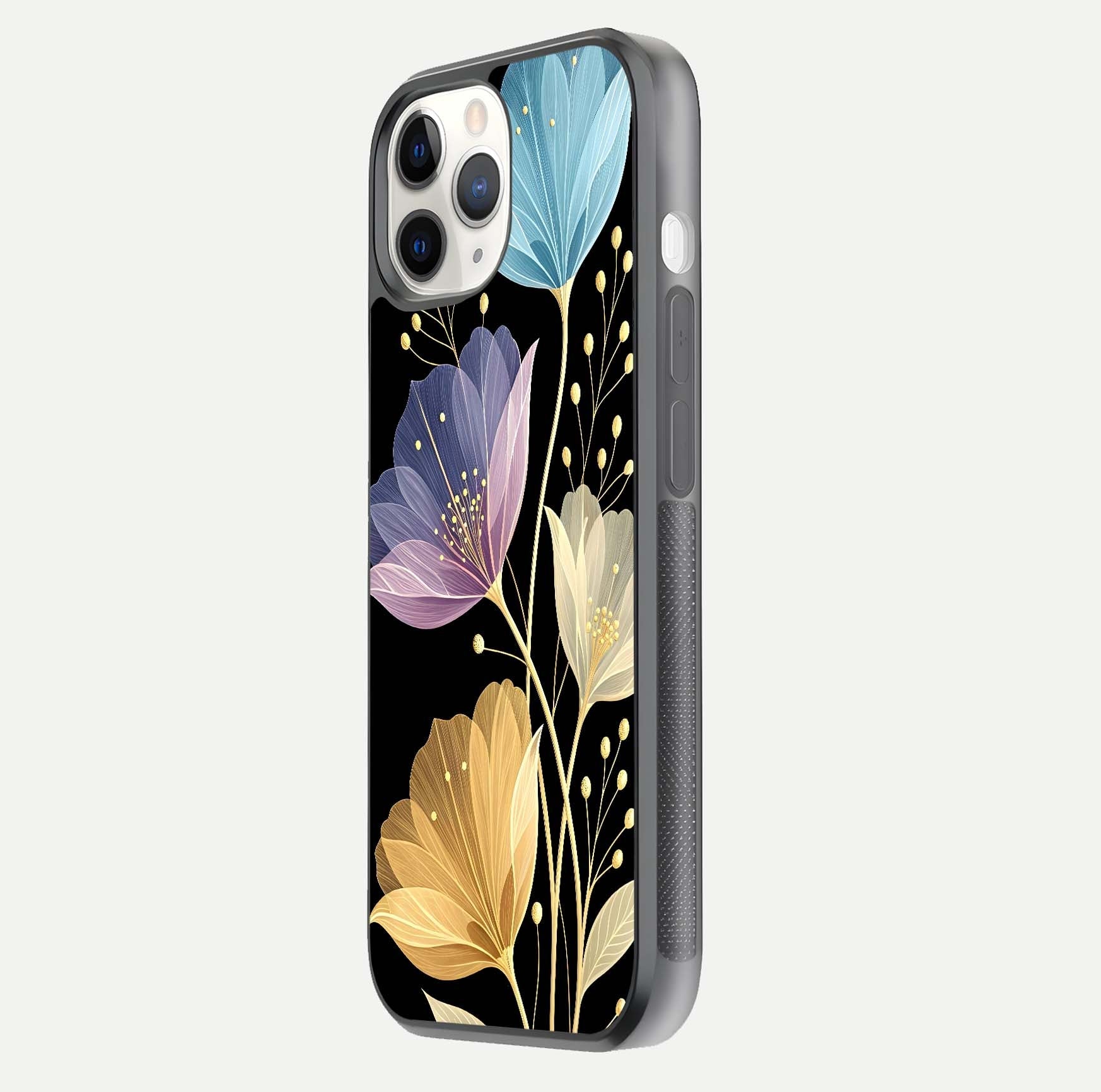 Flower Bloom Glow Glass Case for iPhone 11 Pro side-angle image capturing gloss reflection and flower glow