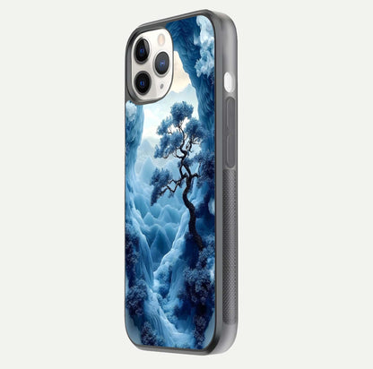 Frozen Serenity Gate Glass Case for iPhone 11 Pro side-angle photo showing reflective surface and cold tones