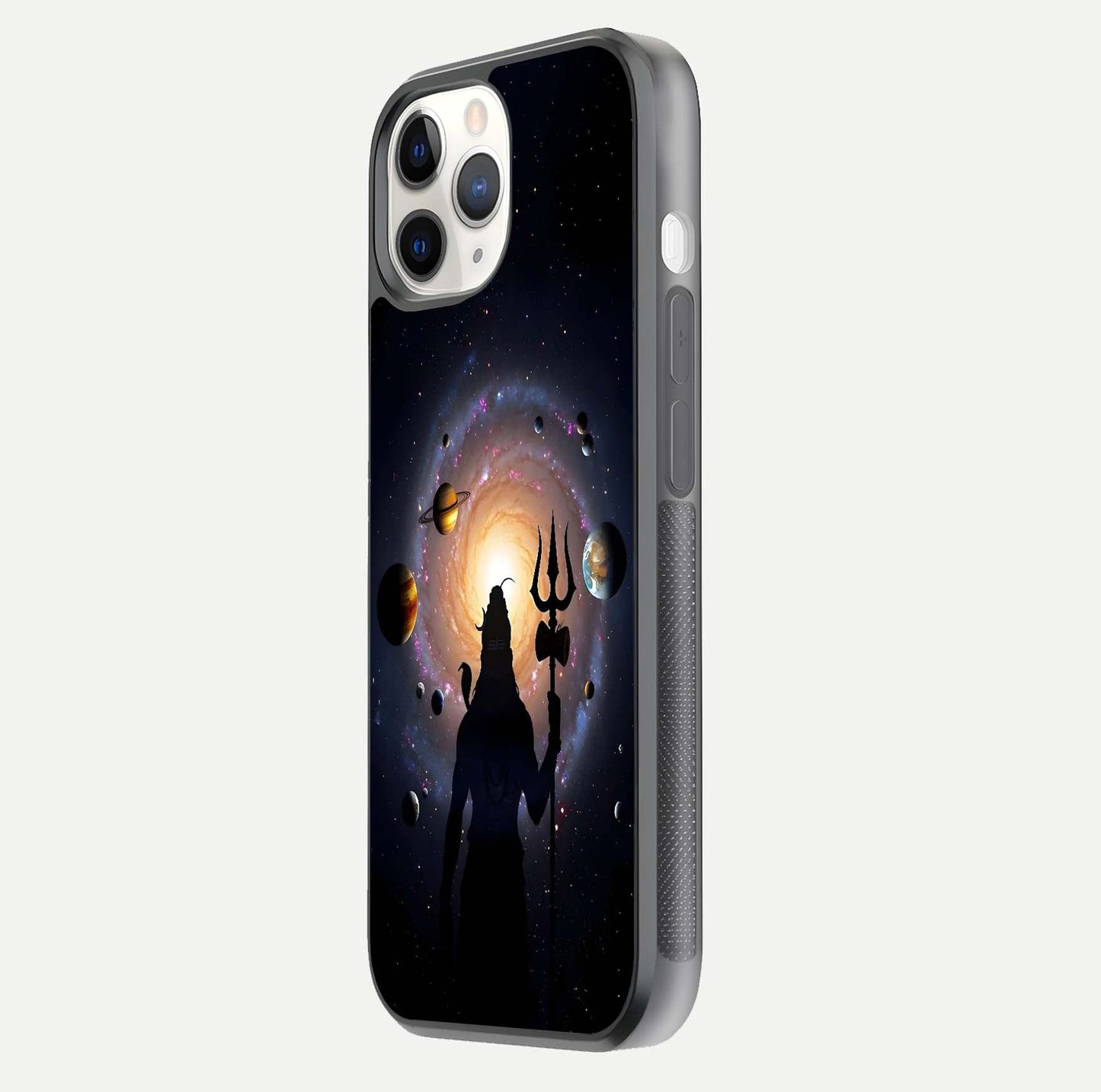 Galactic Shiva Vision Glass Case for iPhone 11 Pro side-angle image showing light reflection, glass edges, and spiritual cosmic theme