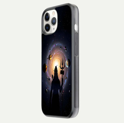 Galactic Shiva Vision Glass Case for iPhone 11 Pro side-angle image showing light reflection, glass edges, and spiritual cosmic theme