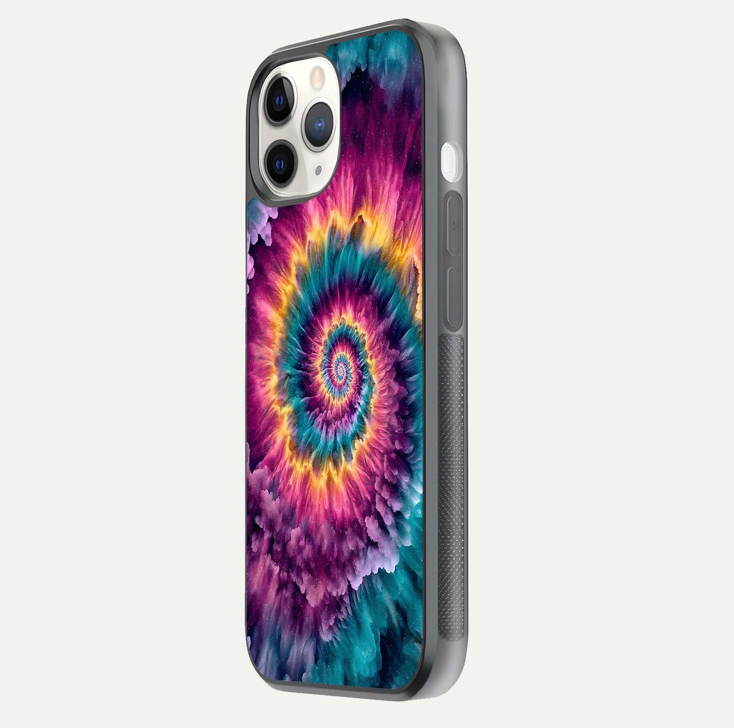 Galactic Spiral Burst Glass Case for iPhone 11 Pro side-angle image showing reflection clarity and vivid galactic texture