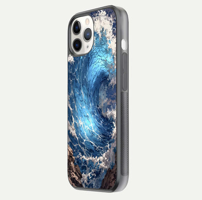 Giant Ocean Wave Glass Case for iPhone 11 Pro side-angle image showing light reflection and ocean detail