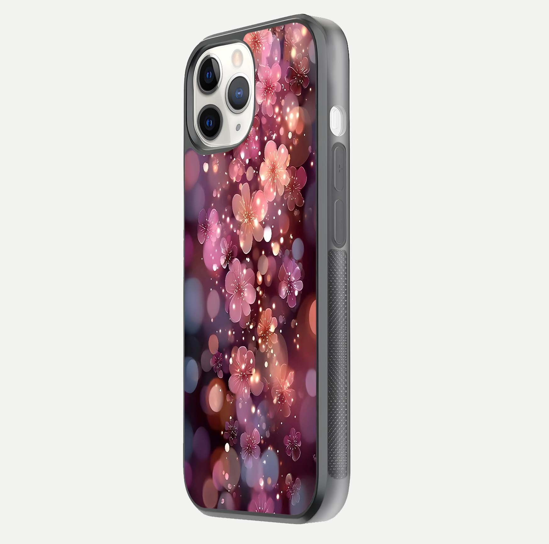 Glowing Petal Bliss Glass Case for iPhone 11 Pro side-angle image showing light reflection and soft floral texture