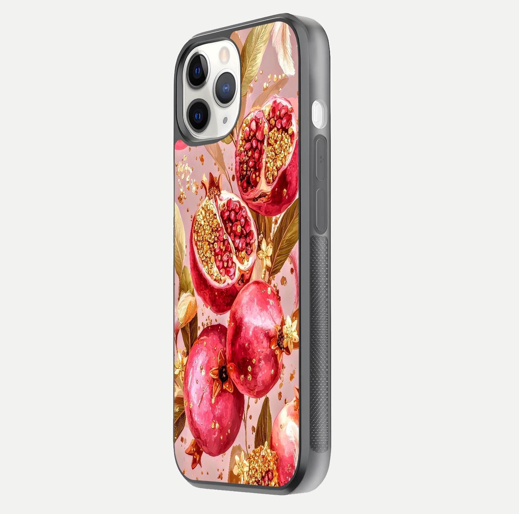 Golden Bloom Glow Glass Case for iPhone 11 Pro side-angle image showing light reflection, gloss texture, and rich tone