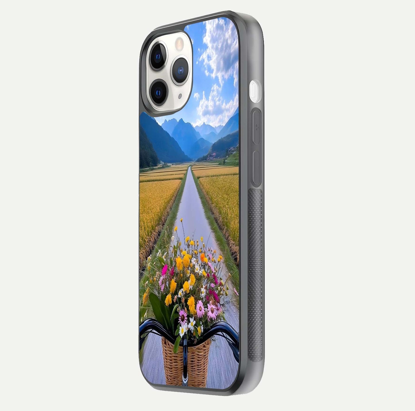 Golden Field Journey Glass Case for iPhone 11 Pro side-angle image showing golden glow, reflection shine, and curved edge