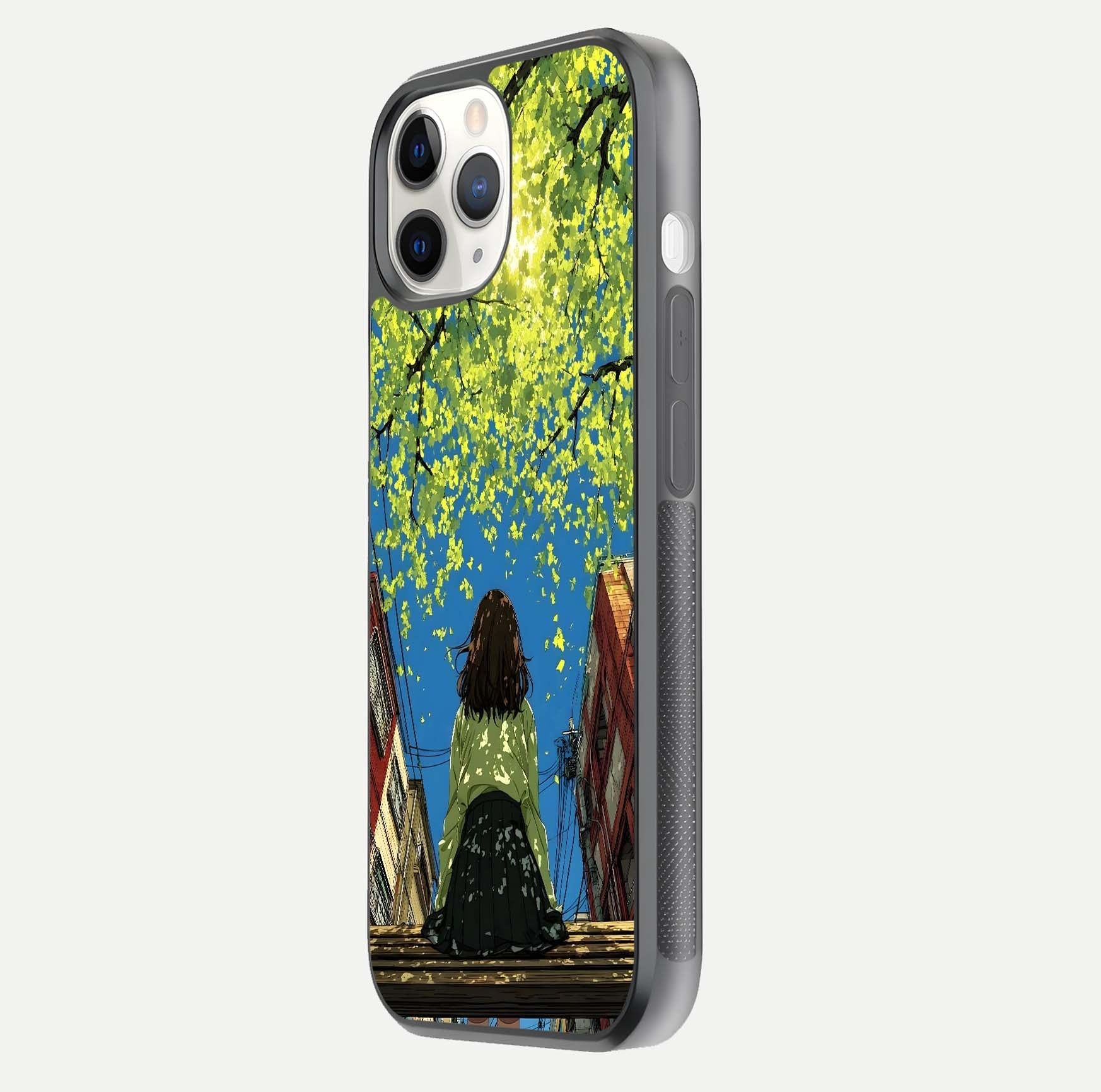 Golden Leaves Glow Glass Case for iPhone 11 Pro side-angle image showing reflection polish and elegant pattern
