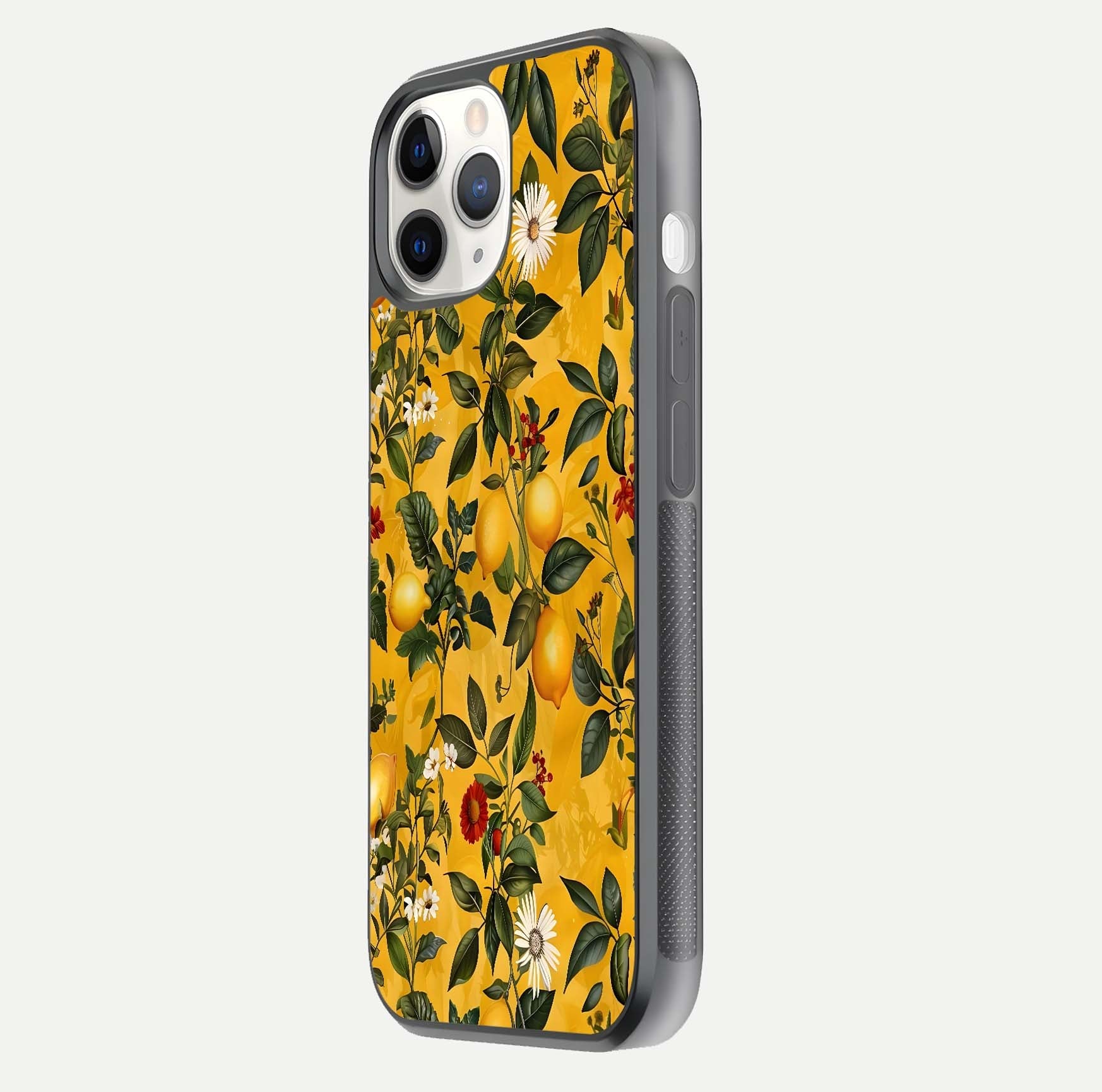 Golden Lemon Field Glass Case for iPhone 11 Pro side-angle image showing reflection clarity and juicy color tone