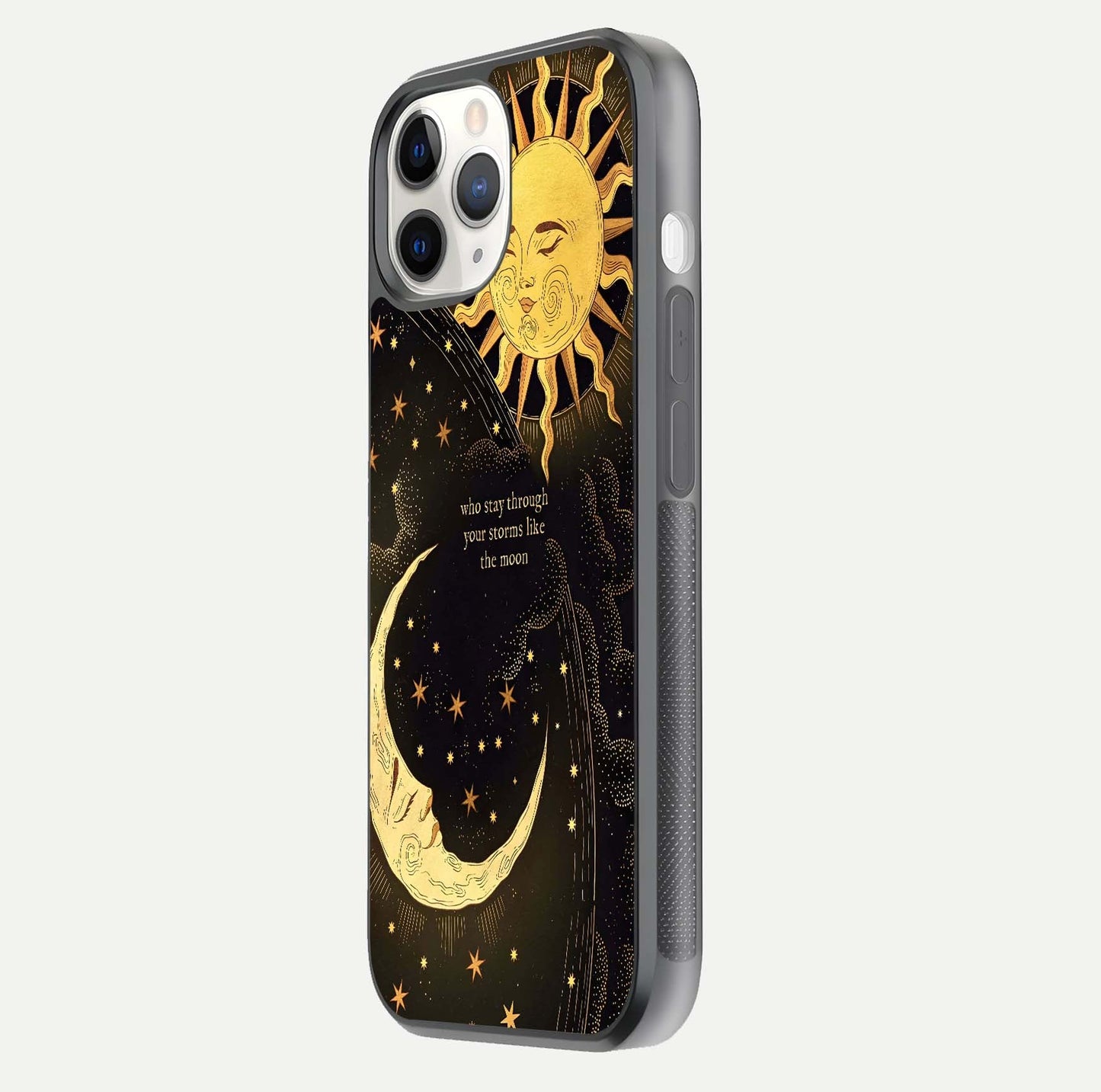 Golden Lunar Love Glass Case for iPhone 11 Pro side-angle image showing reflection brilliance and smooth golden tone