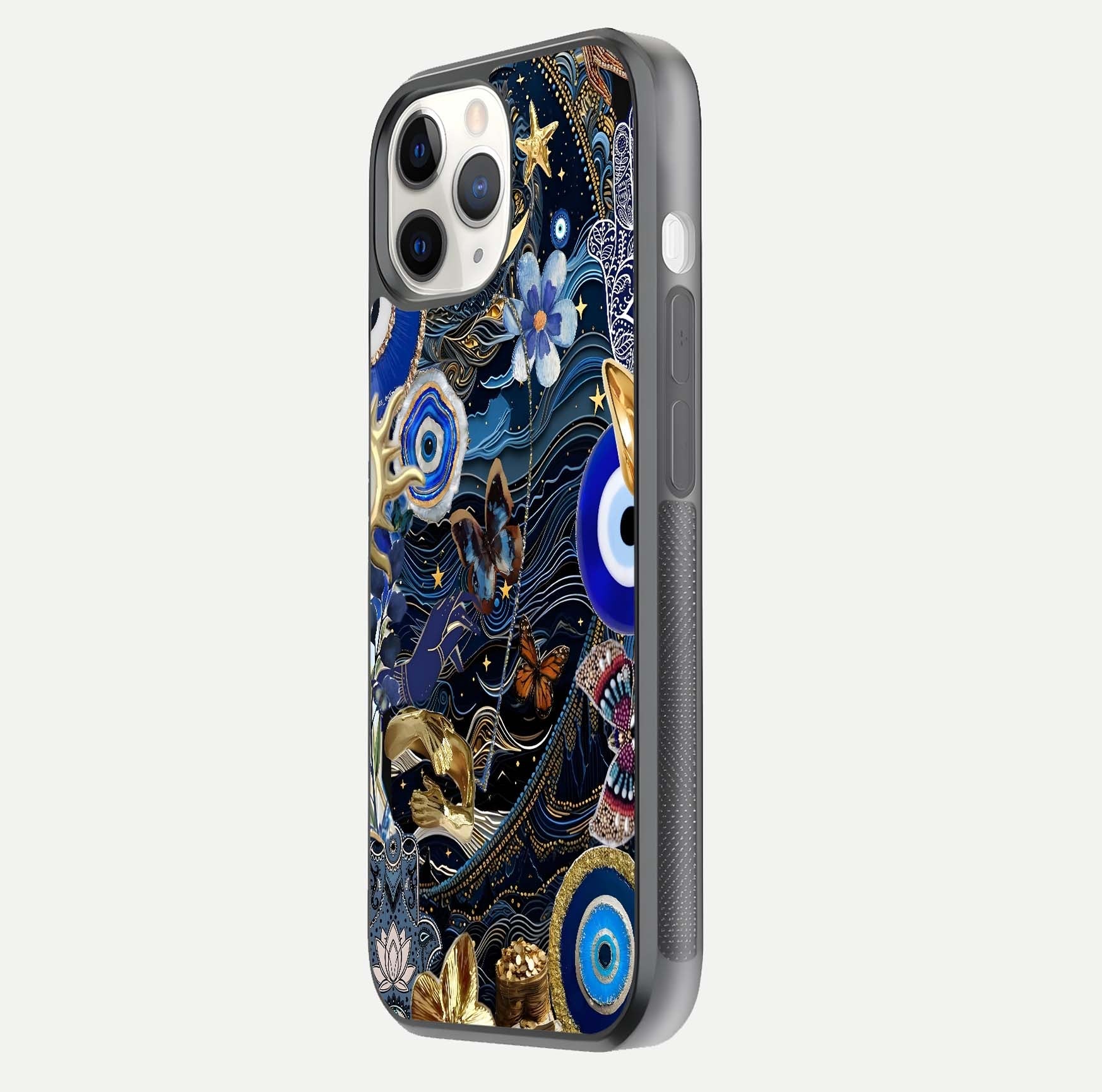 Golden Moon Magic Glass Case for iPhone 11 Pro side-angle image showing reflection glow, curved polish, and moon detail