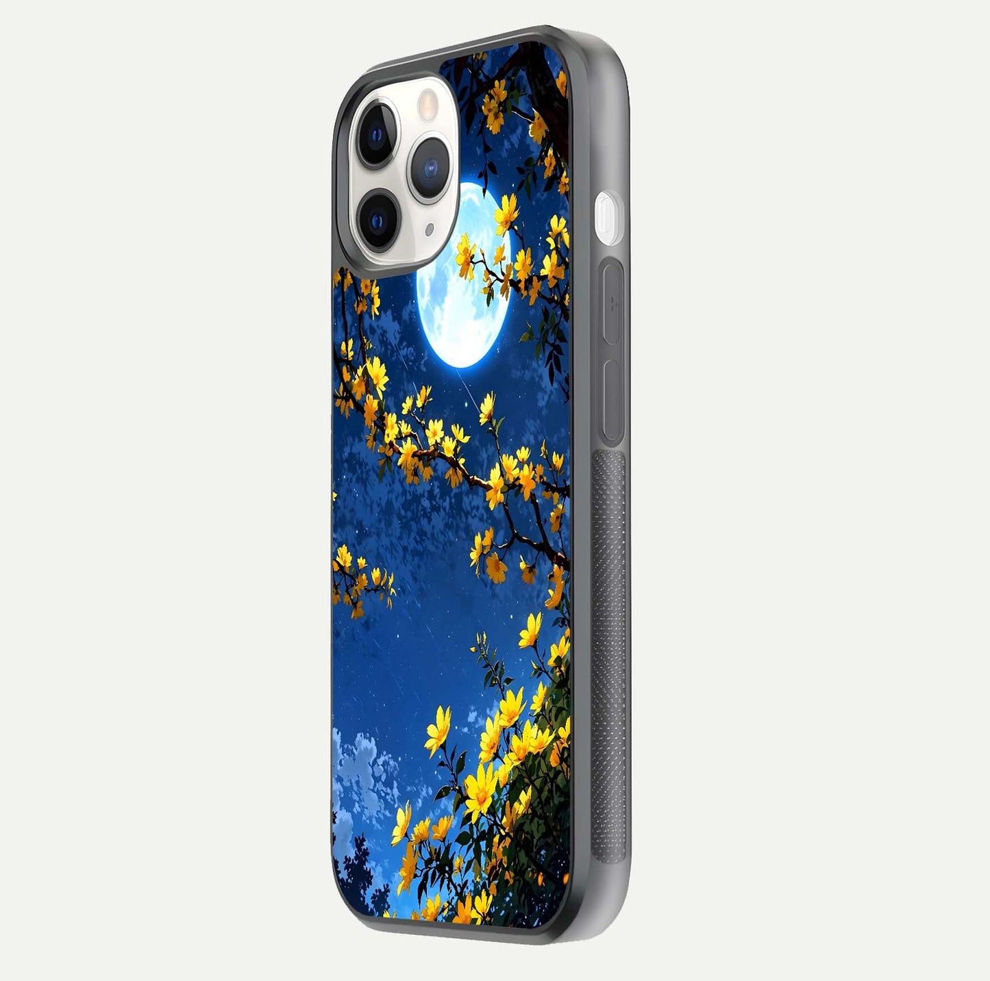 Golden Night Glow Glass Case for iPhone 11 Pro side-angle image showing reflection clarity and elegant golden tone