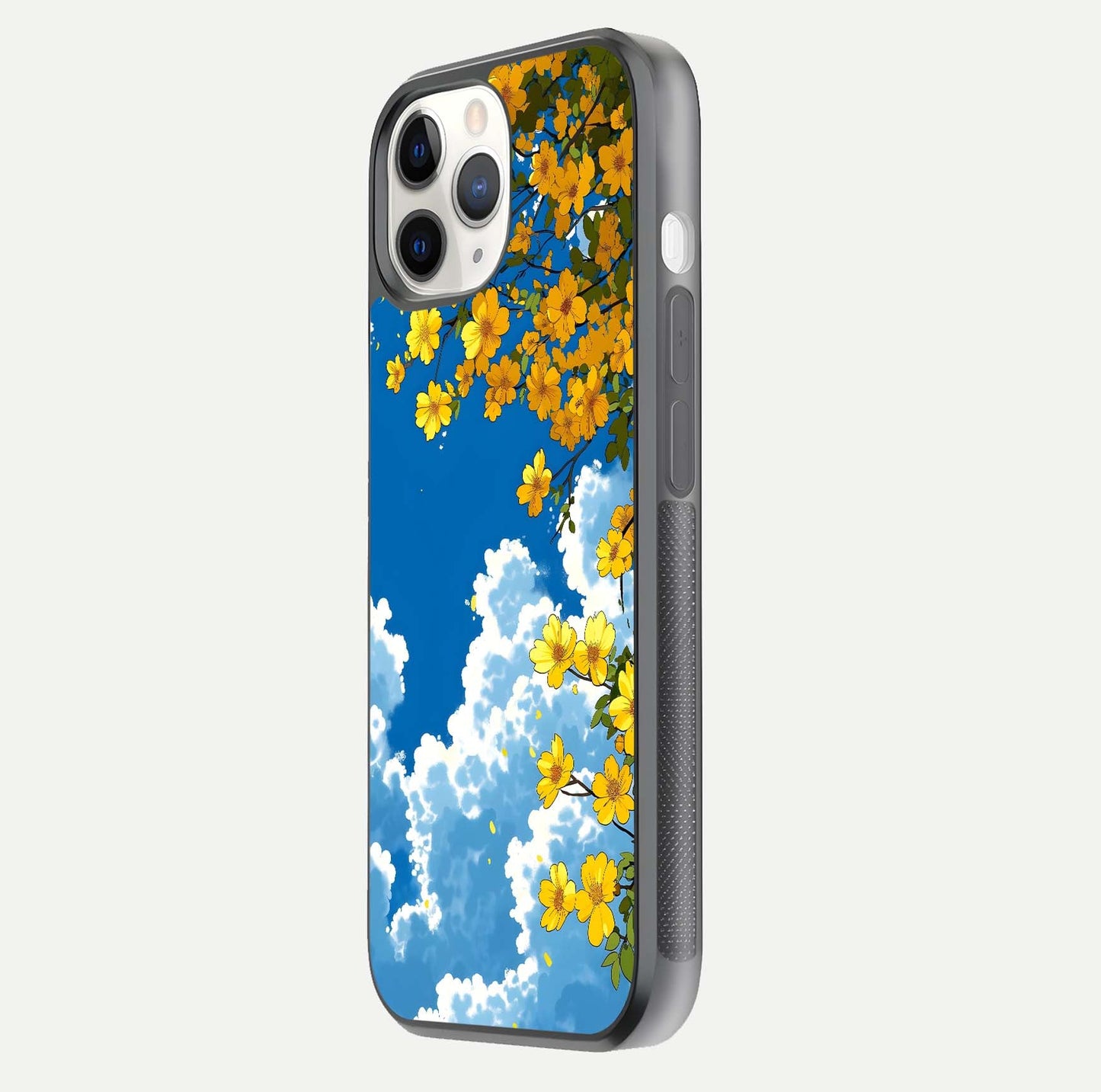 Golden Petal Sky Glass Case for iPhone 11 Pro side-angle image showing reflection depth and metallic floral tones