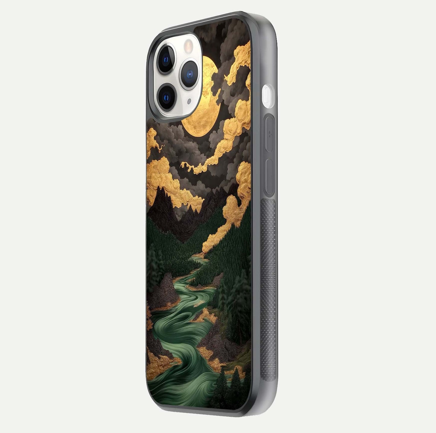 Golden River Moon Glass Case for iPhone 11 Pro side-angle image showing reflection clarity and detailed nightscape