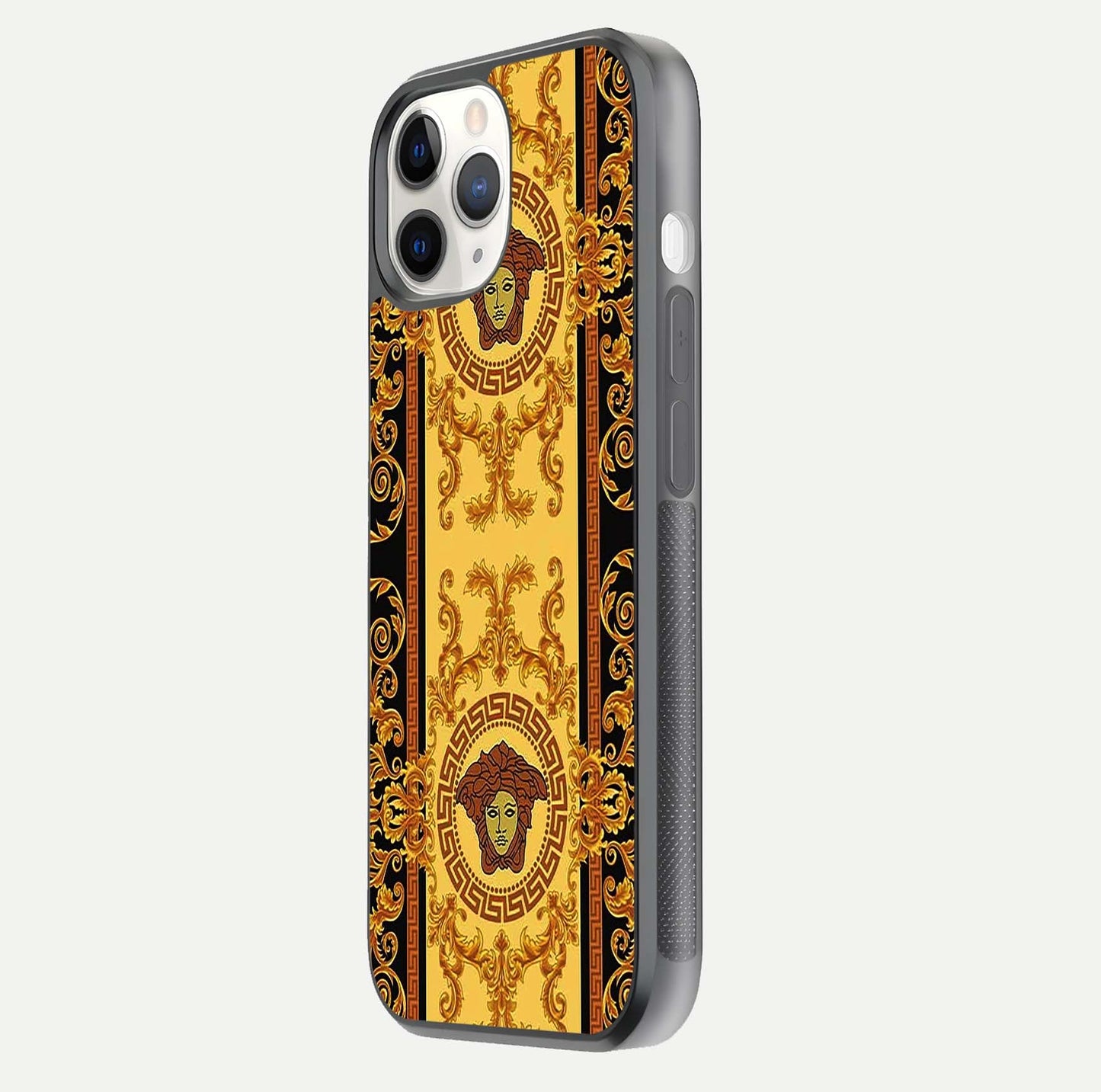 Golden Royal Heritage Glass Case for iPhone 11 Pro side-angle image showing reflection glow and luxury detailing