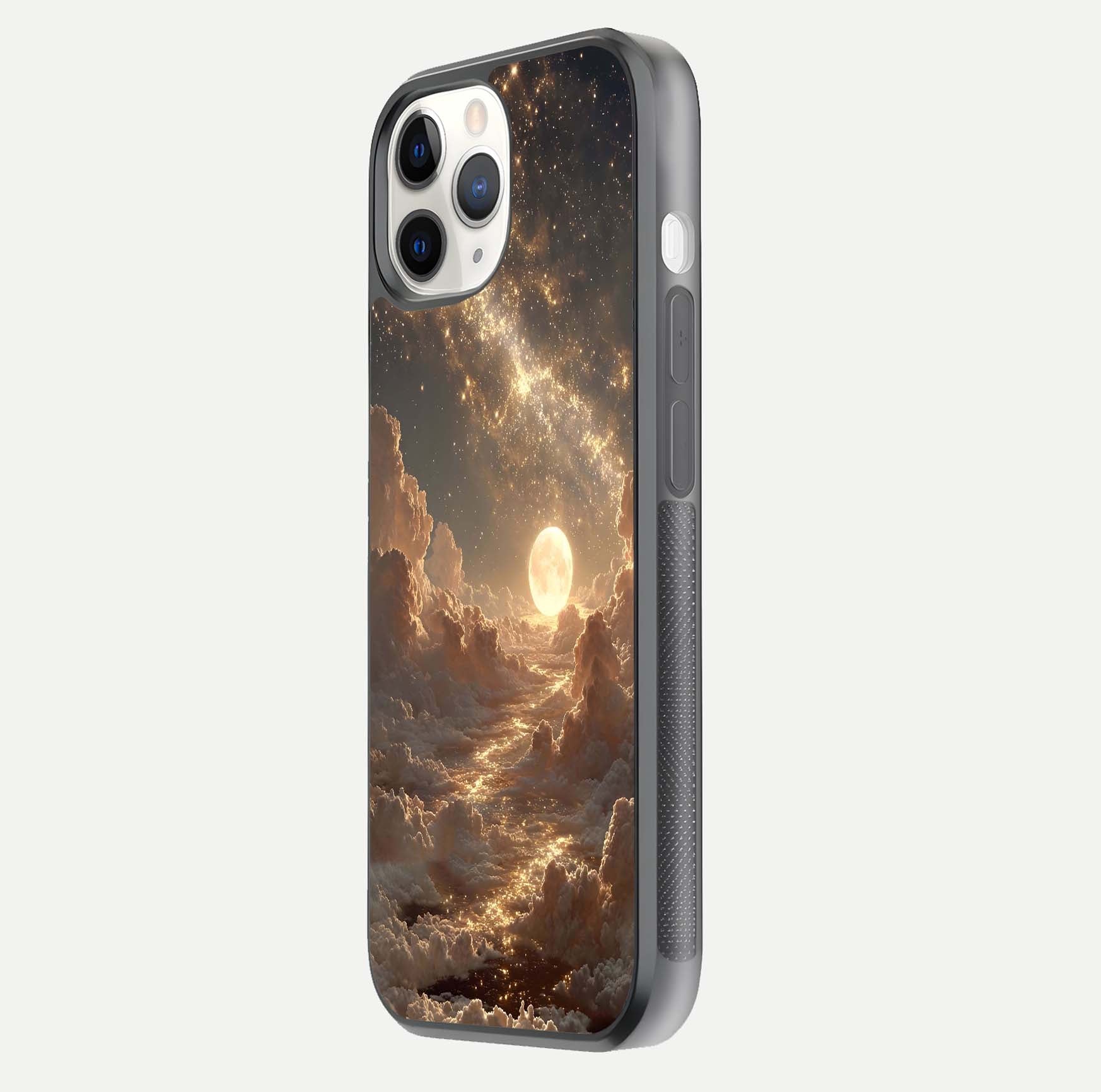 Golden Sky Dream Glass Case for iPhone 11 Pro side-angle image showing reflection shine and smooth surface