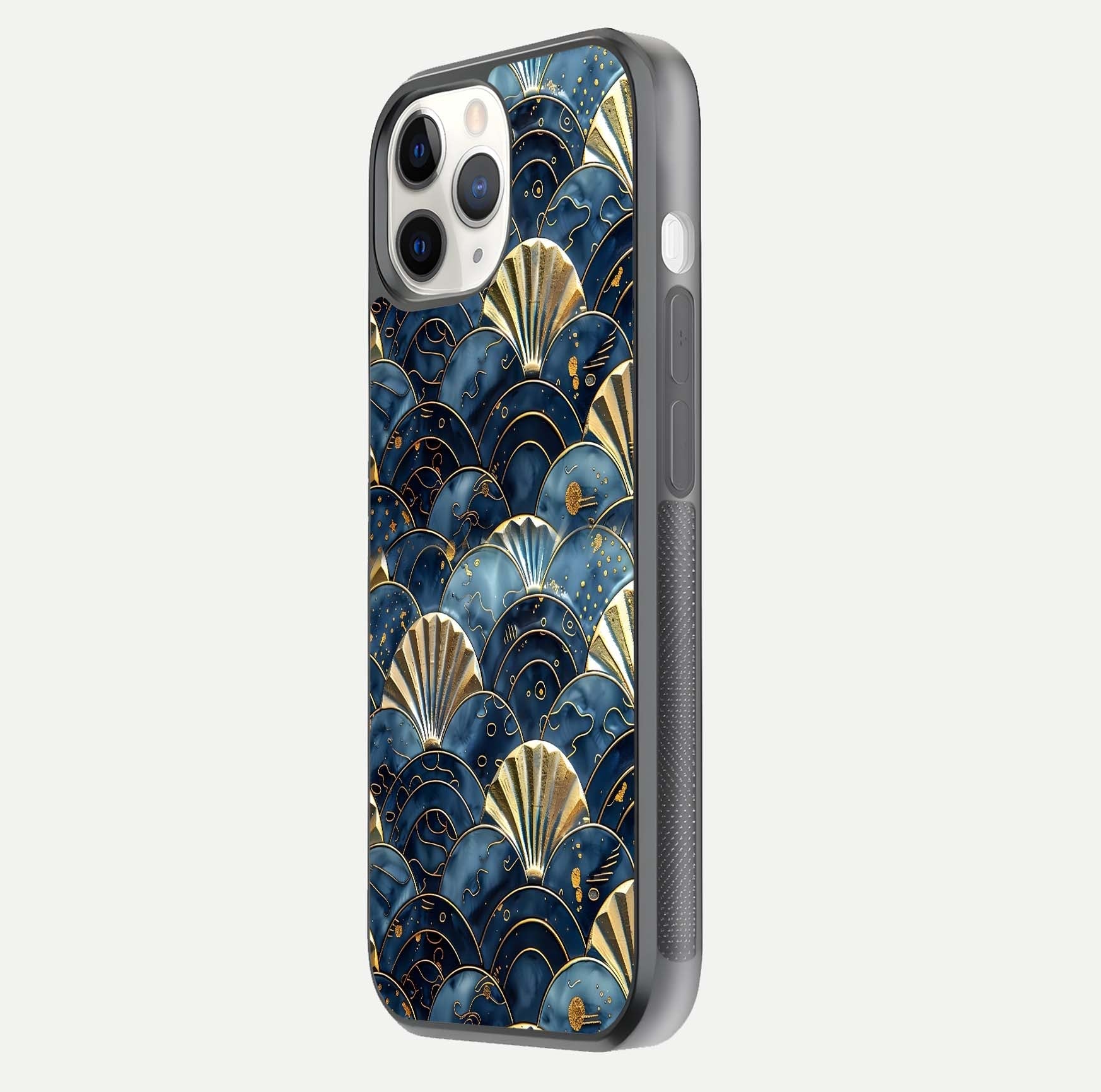 Golden Wave Luxe Glass Case for iPhone 11 Pro side-angle image showing reflection clarity and polished finish
