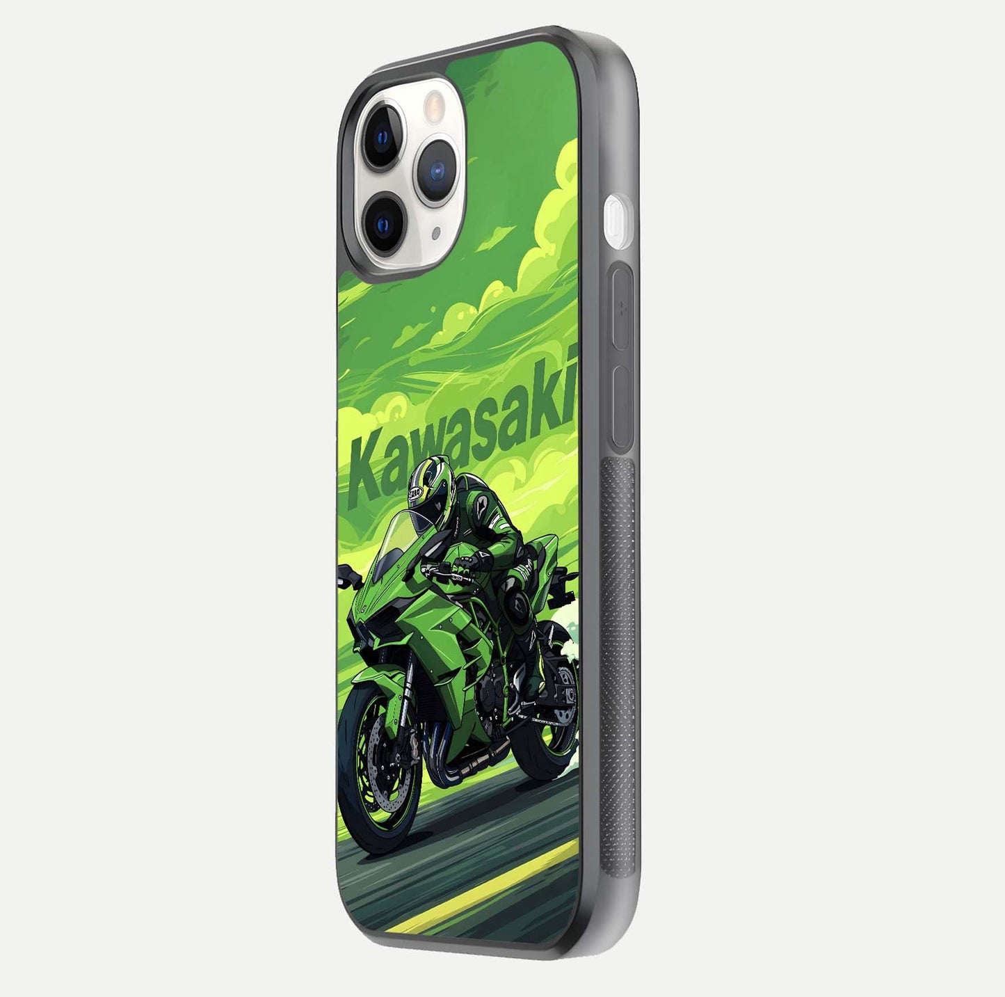 Green Kawasaki Glass Case for iPhone 11 Pro side-angle image showing reflection depth and metallic green accent