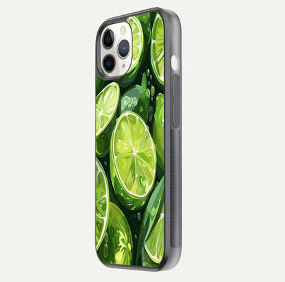 Green Lemon Glass Case for iPhone 11 Pro side-angle image showing reflection glow and juicy color tones