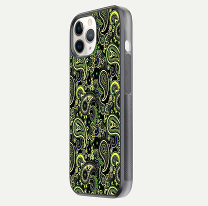 Green Mandala Pattern Glass Case for iPhone 11 Pro side-angle image showing reflection clarity and detailed pattern lines