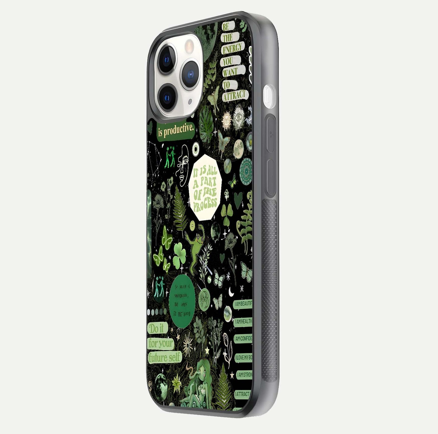 Green Moon Energy Glass Case for iPhone 11 Pro side-angle image showing reflection brilliance and curved finish