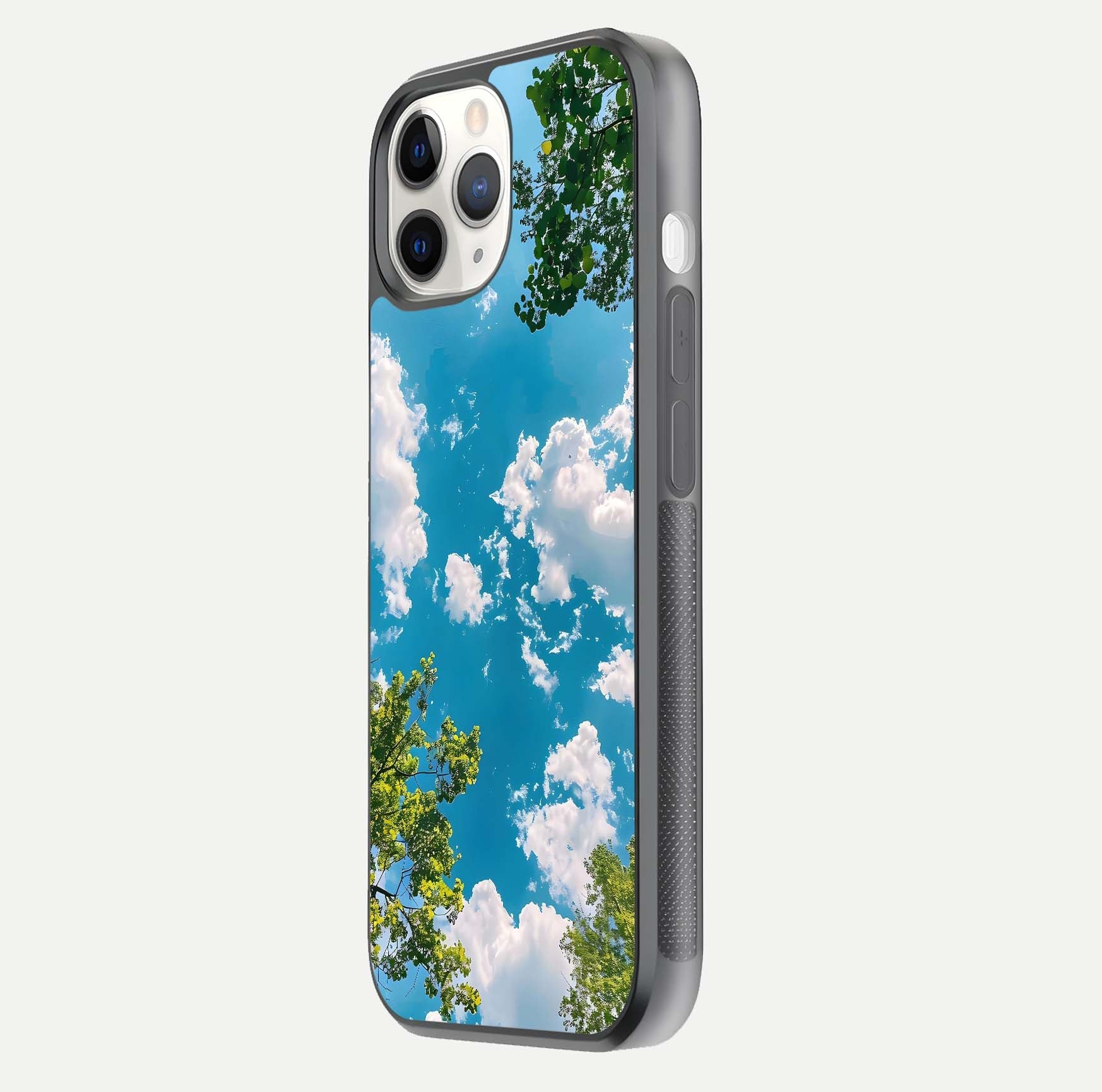 Greenery Sky Glass Case for iPhone 11 Pro side-angle image showing reflection glow and nature-themed pattern