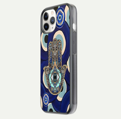 Hamsa Divine Guard Glass Case for iPhone 11 Pro side-angle image showing reflection brilliance and protective design