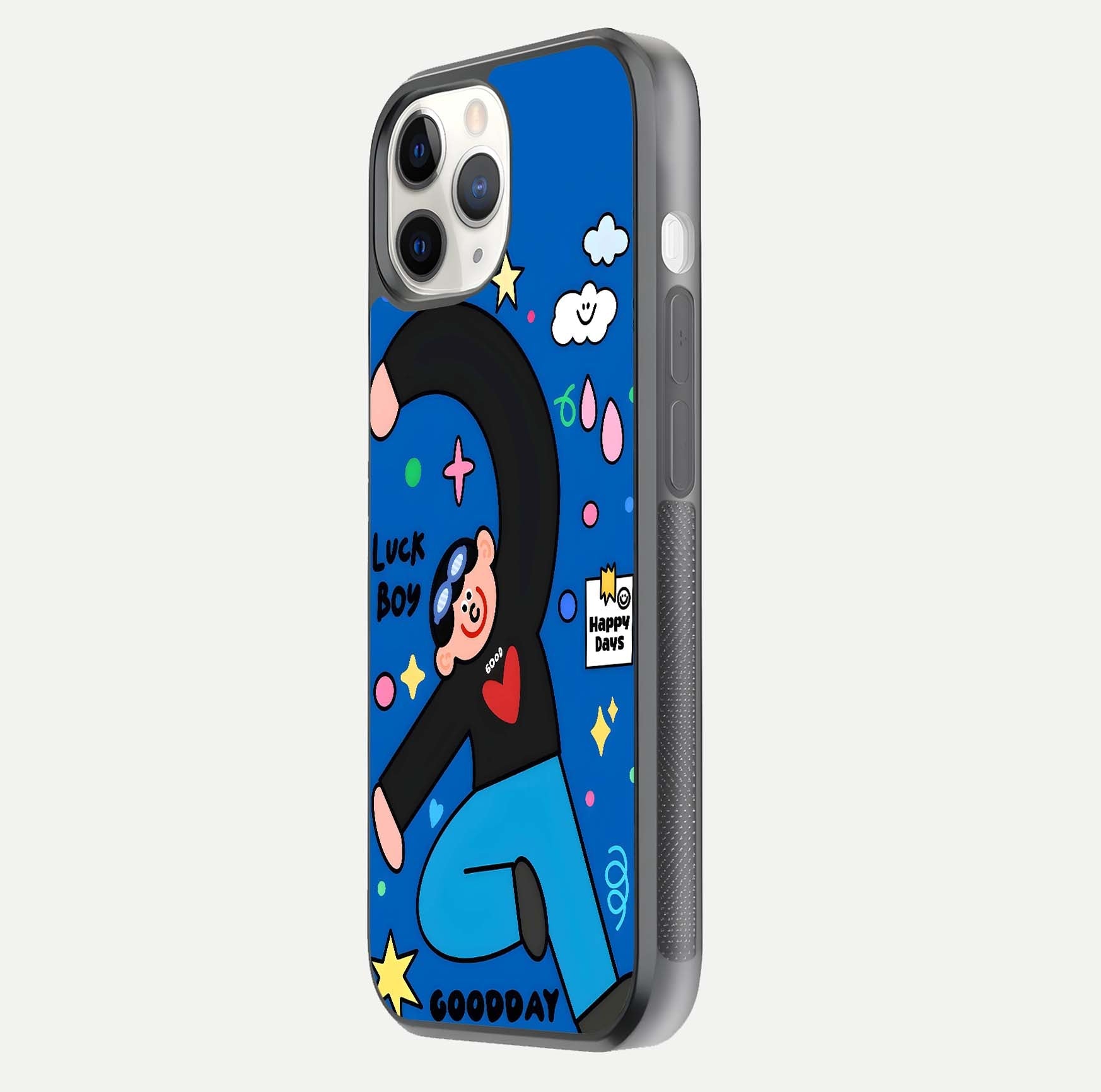 Happy Luck Vibe Glass Case for iPhone 11 Pro side-angle image showing reflection polish and vivid charm design