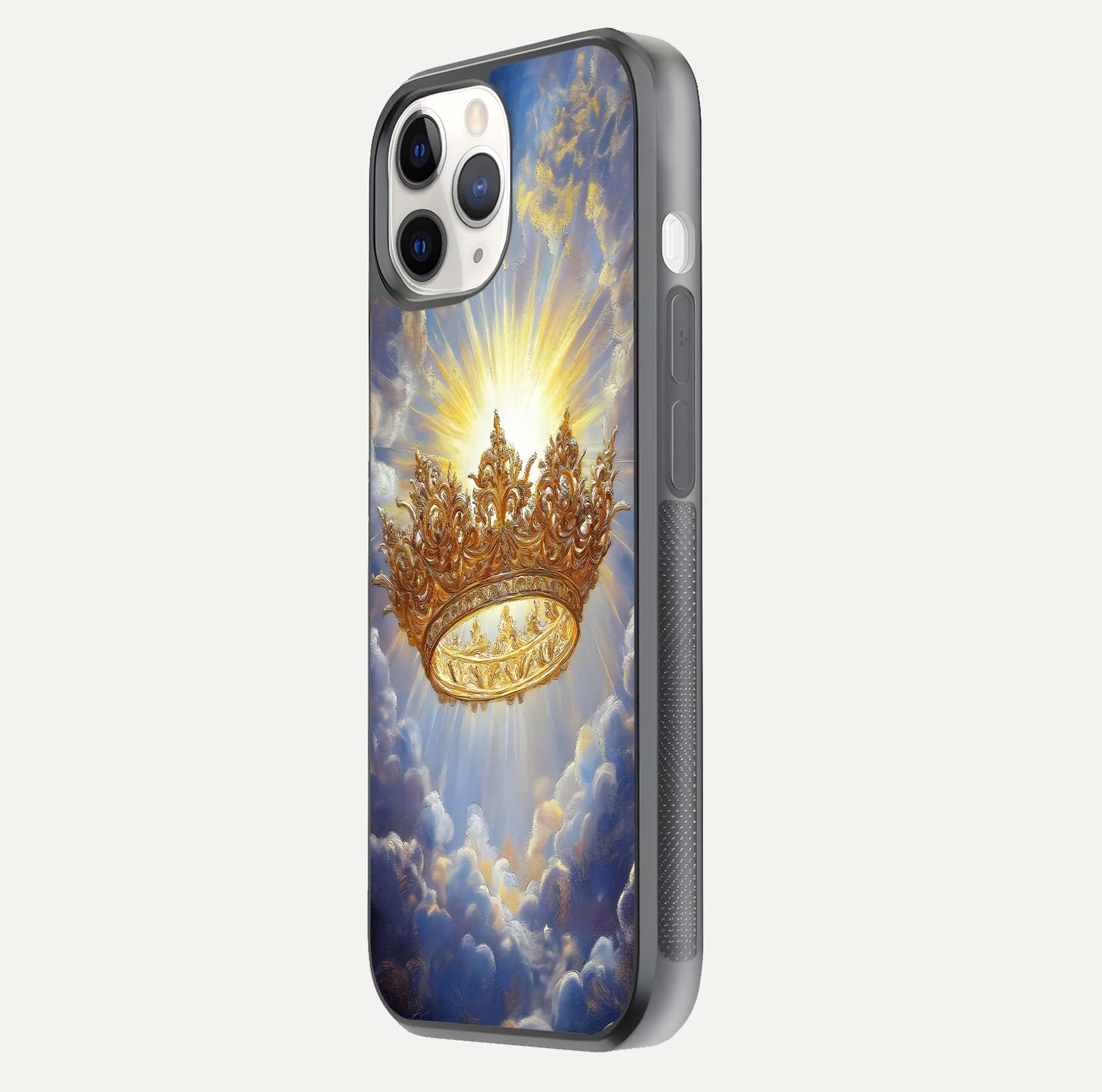 Heavenly Crown Light Glass Case for iPhone 11 Pro side-angle image showing reflection brilliance and elegant divine art