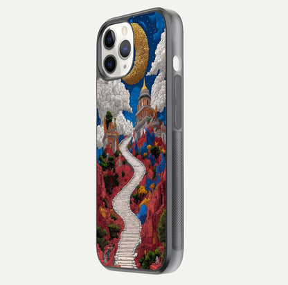 Heavenly Moon Path Glass Case for iPhone 11 Pro side-angle image showing reflection clarity and serene moon glow