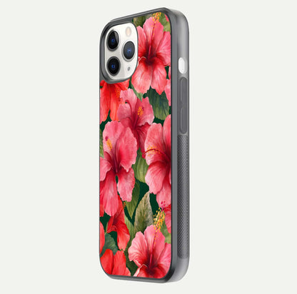 Hibiscus Pattern Glass Case for iPhone 11 Pro side-angle image showing reflection brightness and floral detailing