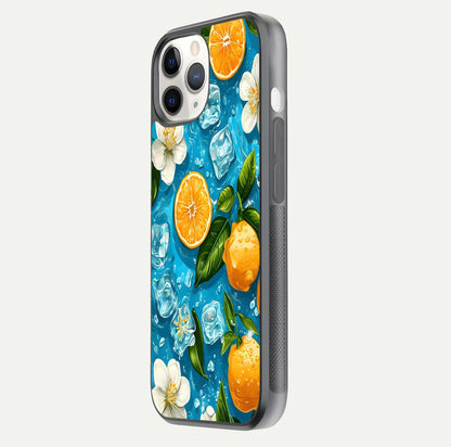 Ice Cube With Orange Glass Case for iPhone 11 Pro side-angle image showing reflection brightness and juicy pattern detail