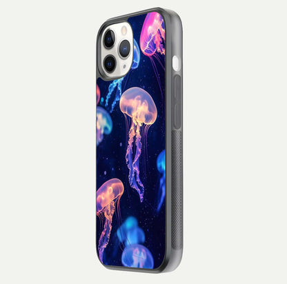 Jellyfish Pattern Glass Case for iPhone 11 Pro side-angle image showing reflection glow and soft water-blue gradient