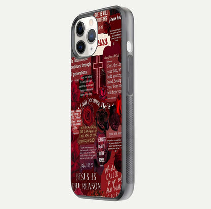 Jesus Love Heals Glass Case for iPhone 11 Pro side-angle image highlighting gloss depth and spiritual aura