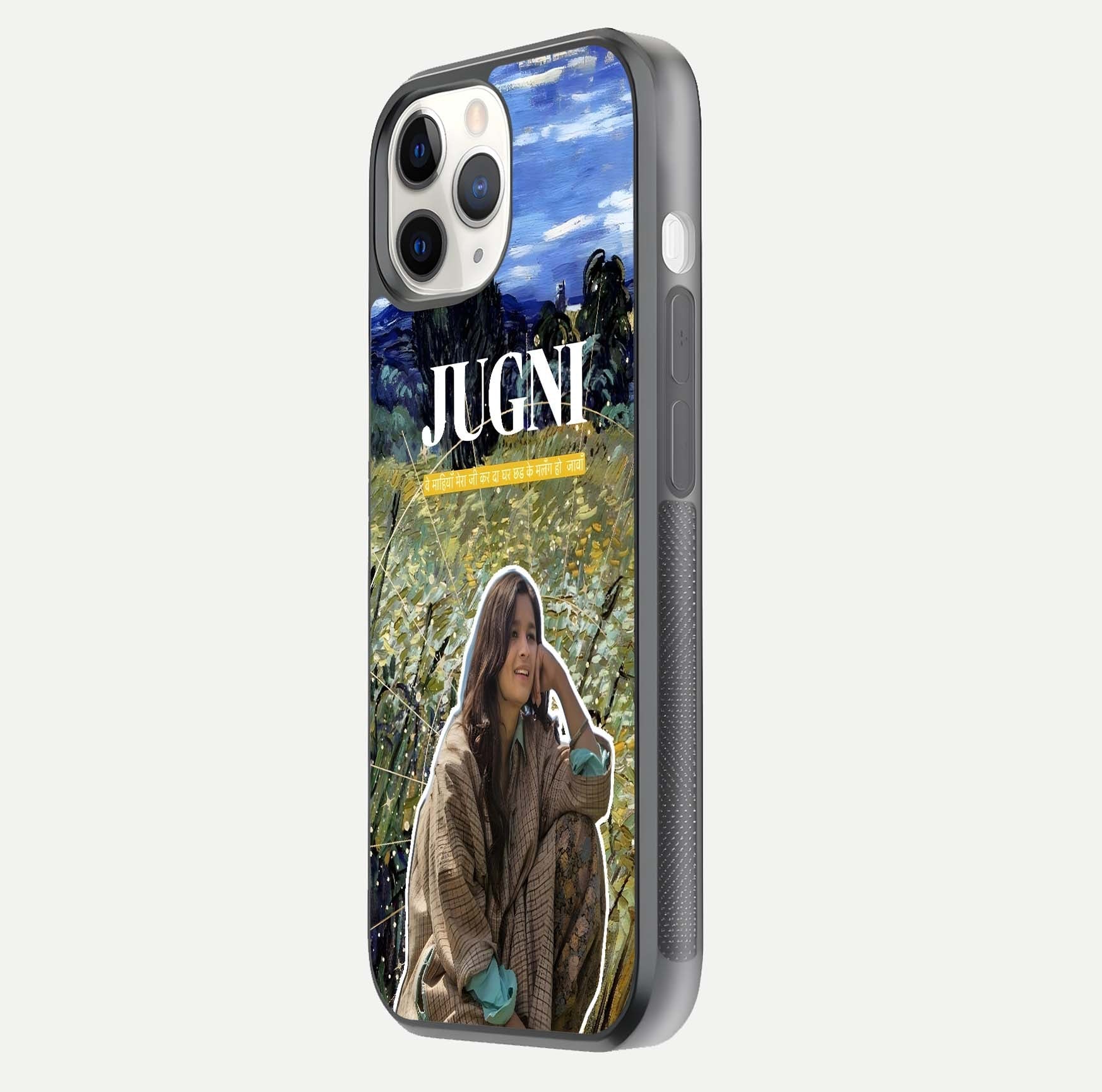 Jugni Soul Vibes Glass Case for iPhone 11 Pro side-angle image with stylish typography and HD finish