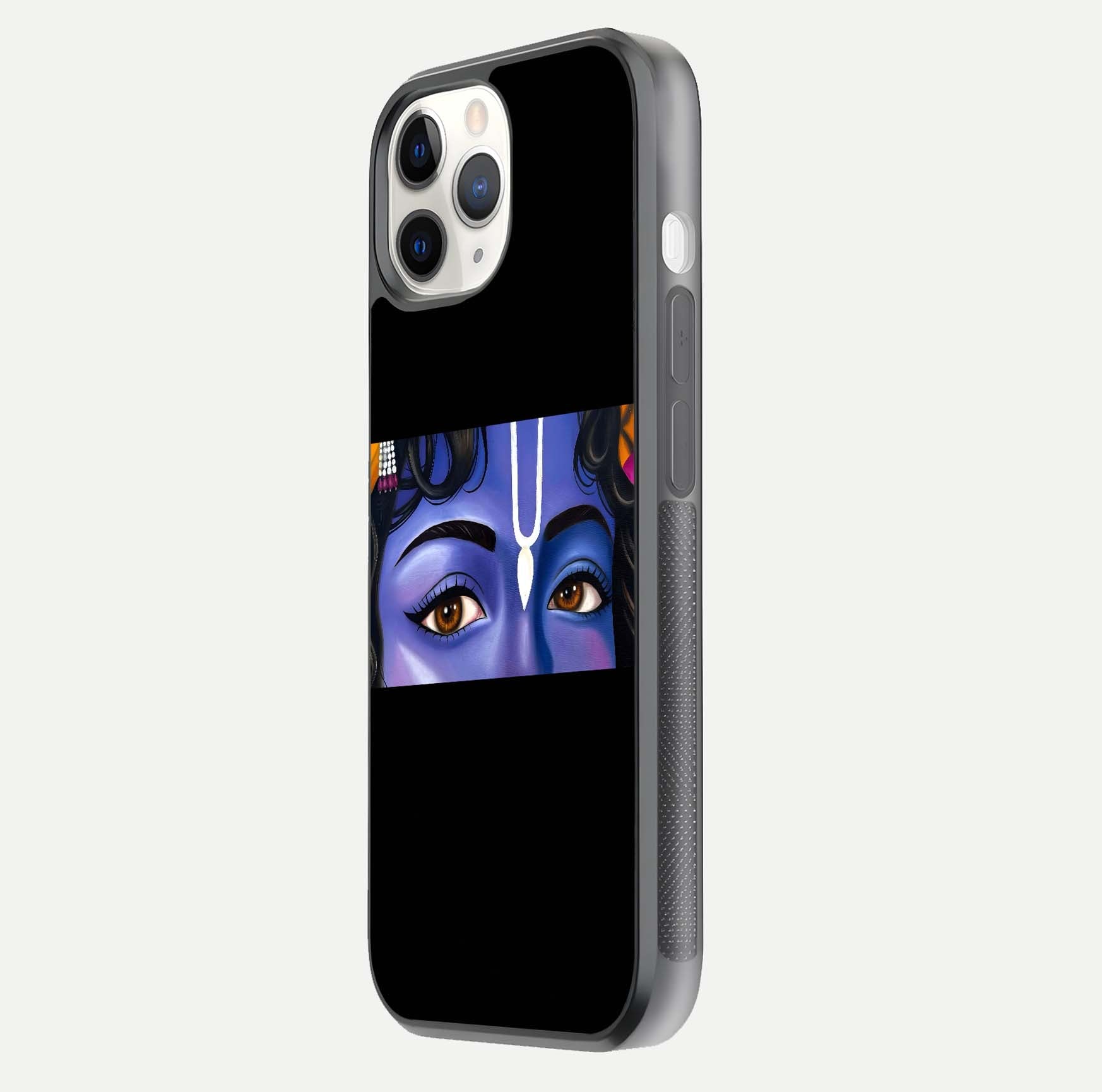 Krishna Eye Glass Case for iPhone 11 Pro side-angle image showing reflection clarity and Krishna symbol design