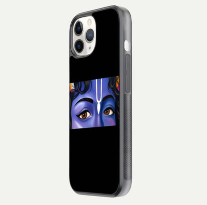 Krishna Eye Glass Case for iPhone 11 Pro side-angle image showing reflection clarity and Krishna symbol design