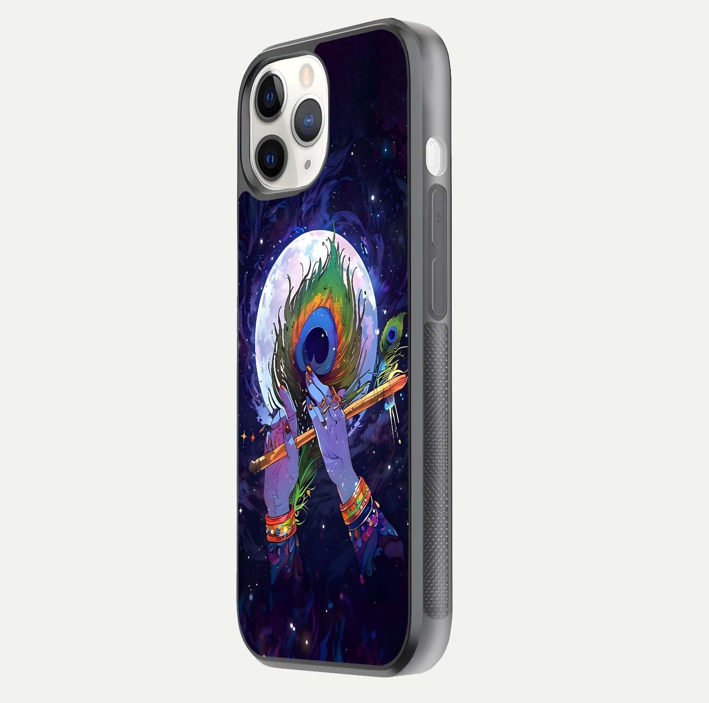 Krishna Hands Art Glass Case for iPhone 11 Pro side-angle image highlighting reflection brightness and vivid print