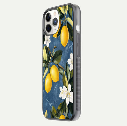 Lemon Dream Garden Glass Case for iPhone 11 Pro side-angle image showing reflection clarity and artistic fruit design