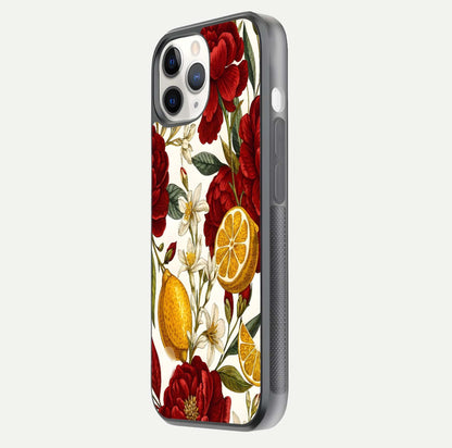Lemon Rose Charm Glass Case for iPhone 11 Pro side-angle image revealing reflection depth and vibrant flower art