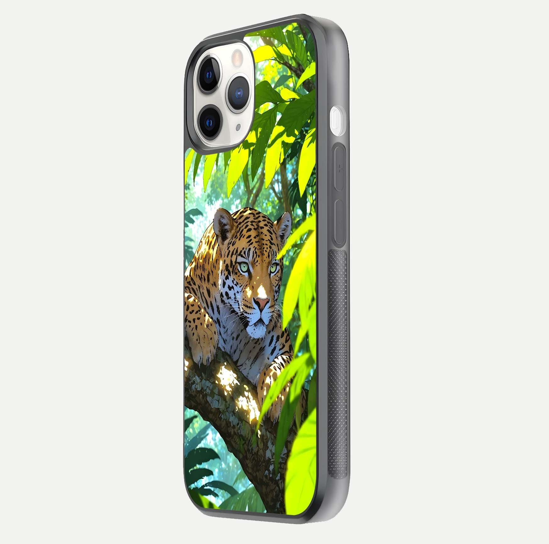 Leopard in Jungle Glass Case for iPhone 11 Pro side-angle shot emphasizing contrast and fierce design clarity
