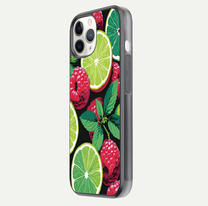 Lime and Raspberry Pattern Glass Case for iPhone 11 Pro side-angle view revealing colorful fruit artwork details