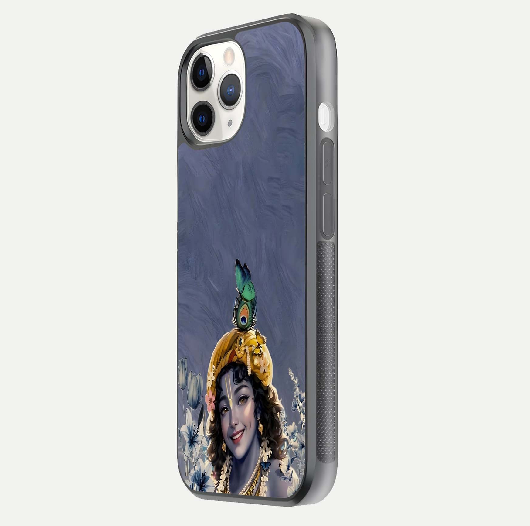 Lord Krishna Glass Case for iPhone 11 Pro side-angle image emphasizing premium reflection and sacred motif