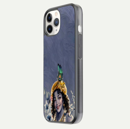 Lord Krishna Glass Case for iPhone 11 Pro side-angle image emphasizing premium reflection and sacred motif