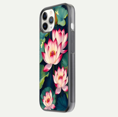 Lotus Dream Serenity Glass Case for iPhone 11 Pro side-angle image revealing reflection clarity and calm tones