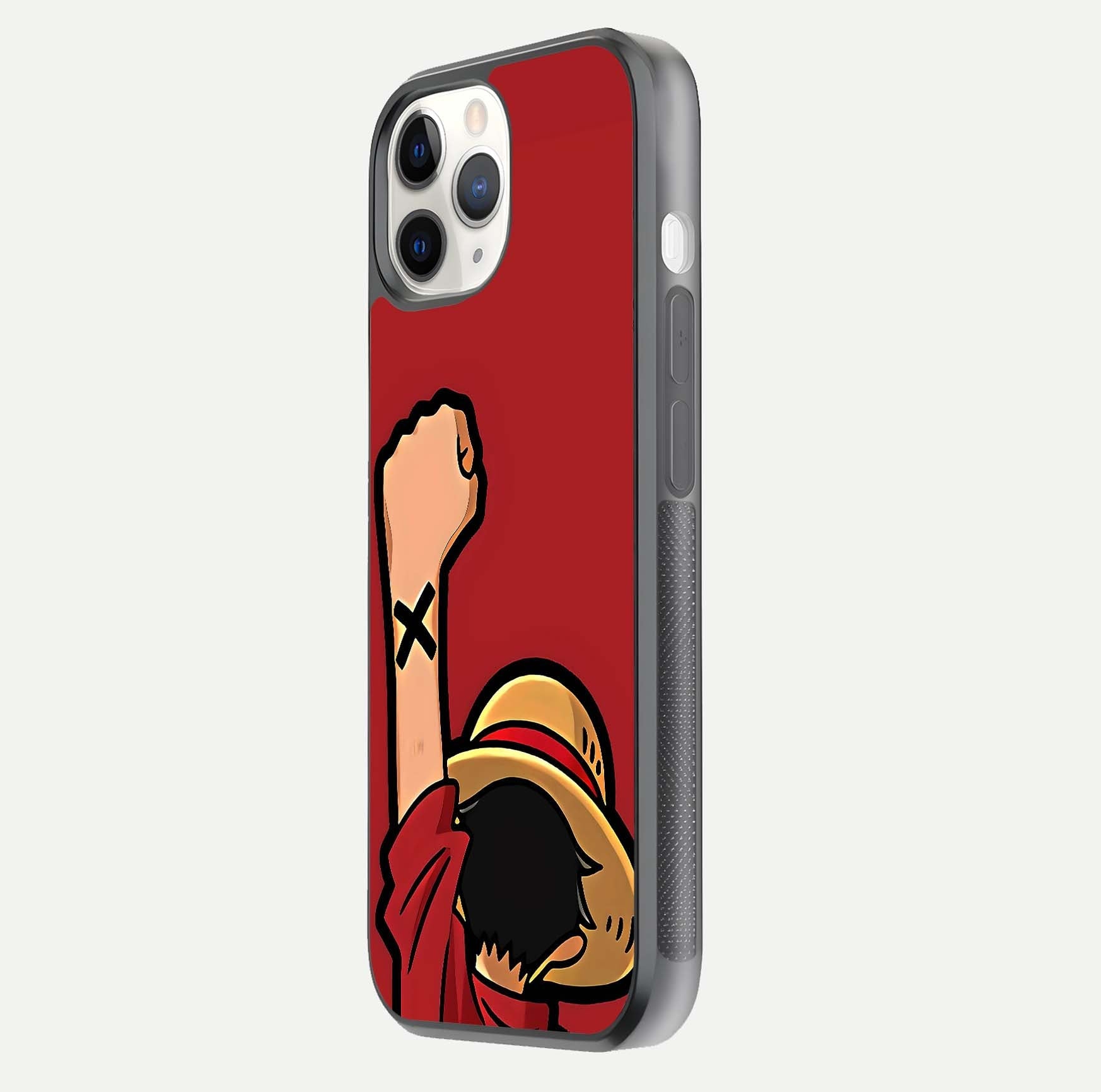 Luffy X Spirit Glass Case for iPhone 11 Pro side-angle image highlighting reflection strength and anime print