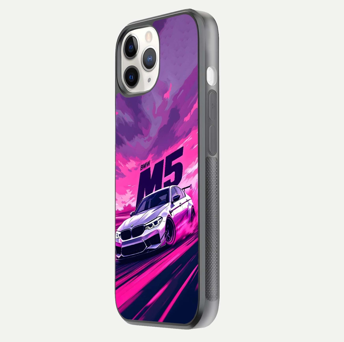 MS Neon Car Glass Case for iPhone 11 Pro side-angle image showing glow reflection and car detailing